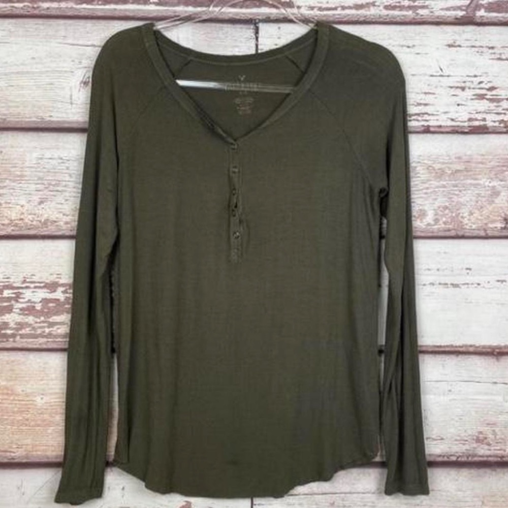 Ribbed Green American Eagle Snap Button Henley - image 1